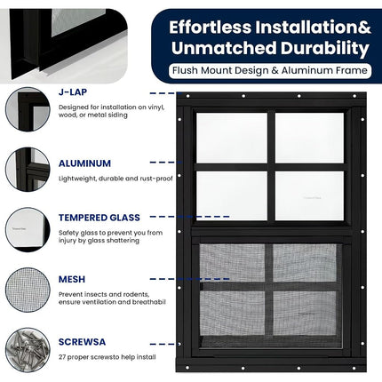 COLORPAPA 2 Pack Shed Windows,12" x 18" Small Sliding Windows,Flush Mount Windows with Tempered Glass and Fiberglass Screen for Shed, Chicken Coop, Playhouse, Household, Garage, Barns (Black)