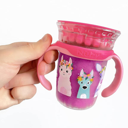 Nuby 360 Edge 2 Stage Drinking Rim Cup with Removable Handles & hygienic Cover: 8 Oz/ 240 Ml, 12M+, Flower Crowns, Pink