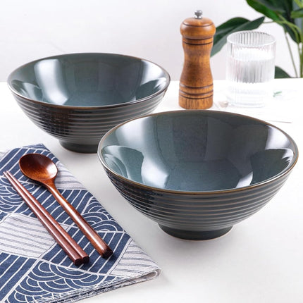 HOKELER Ceramic Japanese Ramen Bowl Set, 2 Sets Asian Pho Udon Soup Noodle Bowls with Spoons and Chopsticks (Olive Green, 8 inches)