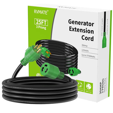 RVMATE Cable de extensión para generador de 3 clavijas y 30 amperios, 25 pies, cubierta SJTW NEMA L5-30P/L5-30R 125V