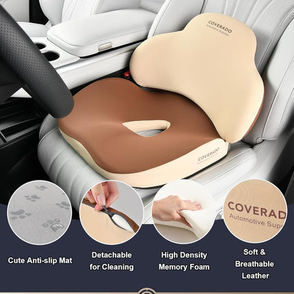 Coverado Car Seat Cushion and Lumbar Support Pillow, Memory Foam Ergonomic Back Support Driving Seat Cushion for Sciatica, Tailbone, Back Pain, Non-Slip Washable Cushion for Car, Driver, Office