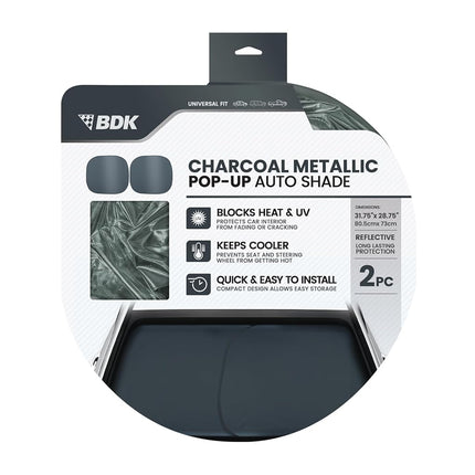 BDK 2PC Metallic Charcoal Gray Car Window Sun Shade Auto Shade for Windshield Visor, Block UV Reflect Heat to Keep Your Car SUV Truck, 31.75" x 28.75"