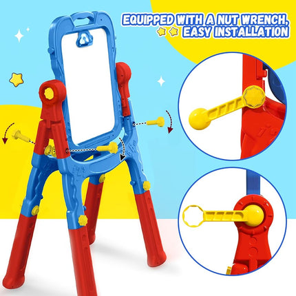 Art Easel for Kids - Adjustable Double-Sided Rotatable Magnetic White Board with Painting Accessories, Preschool Learning Toy for Boys 3-5 Years Old (Blue)