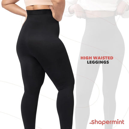 SHAPERMINT High Waisted Tummy Control Compression Leggings for Women - Petite to Plus Size Womens Leggings Non See Through, Black, Large