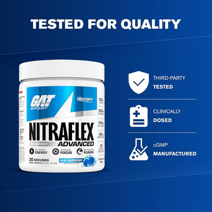 GAT Clinically Tested Nitraflex, Testosterone Enhancing Pre Workout, Blue Raspberry,300 Gram