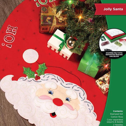 Bucilla, Jolly Santa, Felt Applique Christmas Tree Skirt Making Kit, Perfect for Holiday DIY Needlepoint Arts and Crafts, 89640E