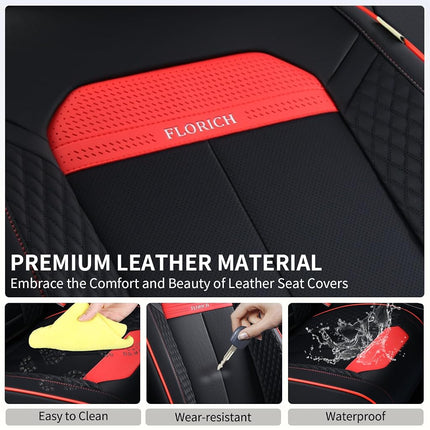 Fundas de asientos delanteros FLORICH, funda de lujo para asientos de coche con cuero impermeable, fundas de asientos de vehículos automotrices para coches, camiones, furgonetas, todoterrenos, sedanes (2 unidades, línea negra y roja)