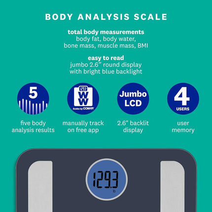 Weight Watchers Scales by Conair BathroomScale for BodyWeight,Glass Digital Scale,Body Analysis Measures Body Fat,Body Water,BMI,Bone Mass&Muscle for 4Users,Measures Weight up to 400Lbs in Black&Blue