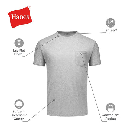 Hanes Men's Pocket Undershirt Pack, Cotton Crew Neck T-Shirt, Moisture Wicking Tee, Assorted 6-Pack, Grey Heather, Black, White, Navy, Blue Heather, Large