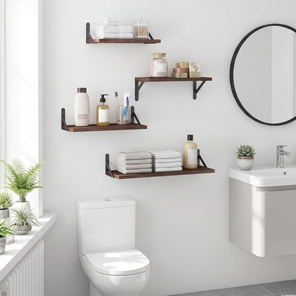 YGEOMER Floating Shelves for Wall, Different Sizes Walnut Wall Shelves for Living Room, Bathroom, Bedroom, Kitchen, Home Decor (Set of 4)