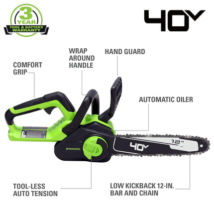 Greenworks 40V 12" Cordless Compact Chainsaw (Great for Storm Clean-Up, Pruning, and Camping), 2.0Ah Battery and Charger Included