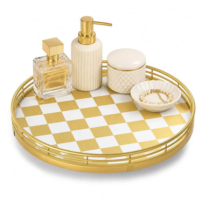 AMH 10-Inch Gold Checkerboard Lazy Susan Vanity Tr