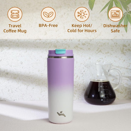 Konokyo Tumbler with Lid, 16 oz Travel Coffee Mug Double Wall Vacuum Stainless Steel Thermal Metal Cup Insulated Water Bottle,PurpleWhite