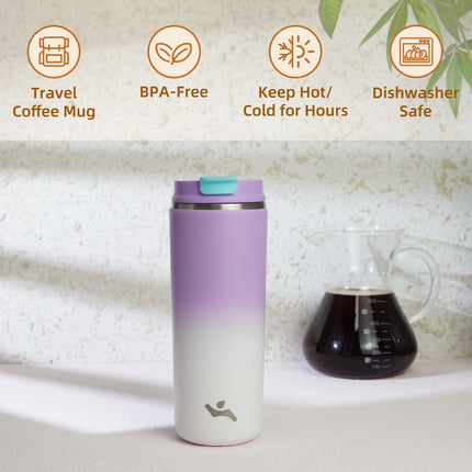 Konokyo Tumbler with Lid, 16 oz Travel Coffee Mug Double Wall Vacuum Stainless Steel Thermal Metal Cup Insulated Water Bottle,PurpleWhite