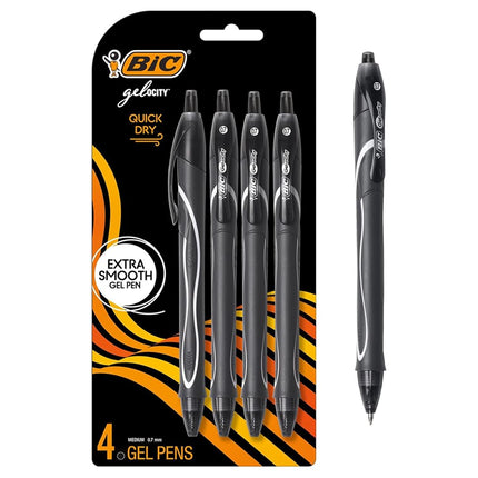 Bolígrafos de gel retráctiles BIC Gelocity Quick-Dry, punta mediana, 0.7 mm, cuerpo negro, tinta negra, paquete de 4 bolígrafos