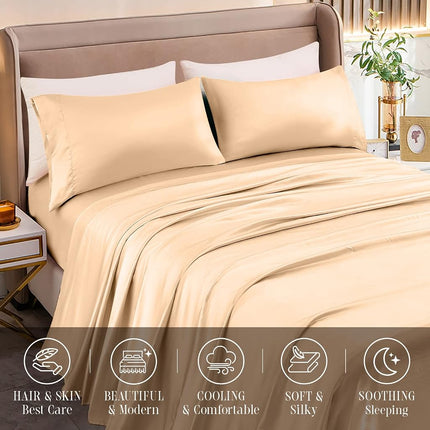 Elegant Comfort Luxurious 4-Piece Silky Satin Sheet Set, Skin and Hair Friendly, Wrinkle, Fade, Stain Resistant with Deep Pockets Fitted Sheet, Cooling Soft Satin Sheet Set, Twin, Champaign