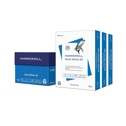 Papier d'imprimante Hammermill, papier recyclé Great White 30 %, 8,5 x 11 - 92 de luminosité, fabriqué aux États-Unis, 086820C - 3 ramettes (1 500 feuilles)