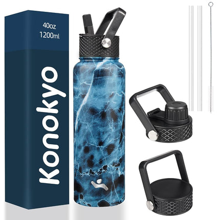 Konokyo 40oz Insulated Water Bottle Sport Stainless Steel Water Bottles with 3 Lids,Marble Ocean