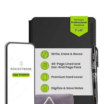 Rocketbook Pro 2.0 Cuaderno Digital Reutilizable - Bloc de Notas Inteligente - Negro, con 20 páginas punteadas y rayadas, tapa dura, con bolígrafo Pilot Frixion y paño de microfibra, tamaño ejecutivo A5 7" x 9" - Gadget de Oficina