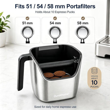Ourokhome Espresso Knock Box with Lid, Compact Coffee Grounds Container for Home Coffee Bar, Removable Knock Bar, 304 Stainless Steel Exterior, Non-Slip Base & Handle, Easy Clean