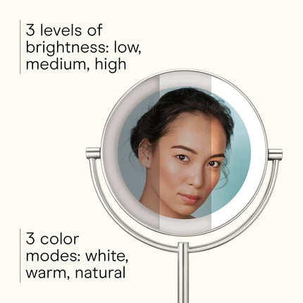 Conair Lighted Makeup Mirror, Double-Sided LED Vanity Mirror with 1X/10X Magnification, 3 Light Settings, 3 Modes, 360� Rotation, Satin Nickel Finish