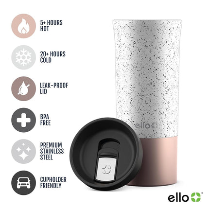 Taza de café de viaje de acero inoxidable con aislamiento al vacío Ello Miri - Taza de té de viaje, 470 ml, oro rosa moteado