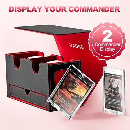 UAONO Card Deck Box for MTG, Double Card Storage Box with 2 Commander Display & 1 Dice Tray, Fits 200+ Double Sleeved Cards, Card Organizer for CCG TCG Sports Cards (Black Red)