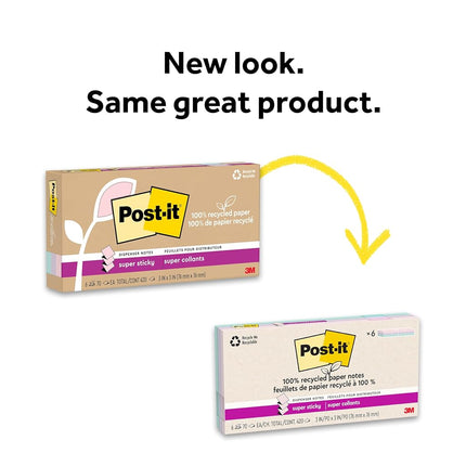 Post-it 100% Recycled Paper Super Sticky Notes, 2X The Sticking Power, 3x3 in, 6 Pads/Pack, 70 Sheets/Pad, Wanderlust Pastels Collection (R330R-6SSNRP)