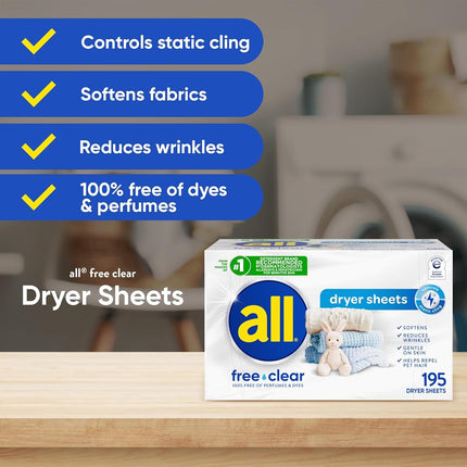 all Fabric Softener Dryer Sheets for Sensitive Skin, Free Clear, 195 Count