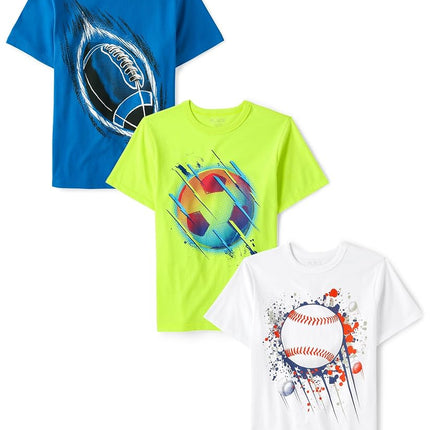 The Children's Place Camisetas gráficas de manga corta deportivas para bebé niño, paquete múltiple, fútbol/béisbol/fútbol americano azul, paquete de 3, Mediano