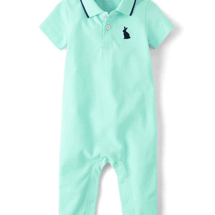 The Children's Place baby-boys And Newborn Short Sleeve Romper, Bunny Embroidered Aqua Polo, 0-3 Months