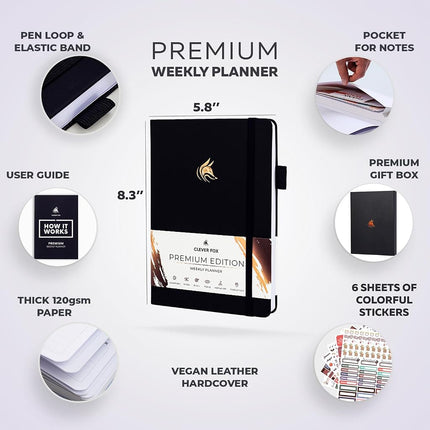 Clever Fox Planner Premium Edition - Luxurious Weekly & Monthly Planner to Increase Productivity and Hit Your Goals - Organizer - Undated, Start Anytime, A5, Lasts 1 Year, Black (Weekly)