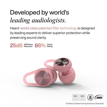 Hears Plus Ear Plugs for Noise Reduction - Patented Reusable Concert Earplugs, 25dB SNR Sound Reduction, Hypoallergenic for Musicians, Motorcycle and Sleeping with 4 tip Sizes - Cabana Pink