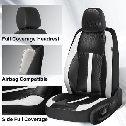 Fundas de asiento de cuero Coverado, juego completo y fibra de carbono, protector impermeable y duradero para todo tipo de clima, ajuste universal para SUV, camioneta, sedán, interior de vehículos automotrices, blanco y negro