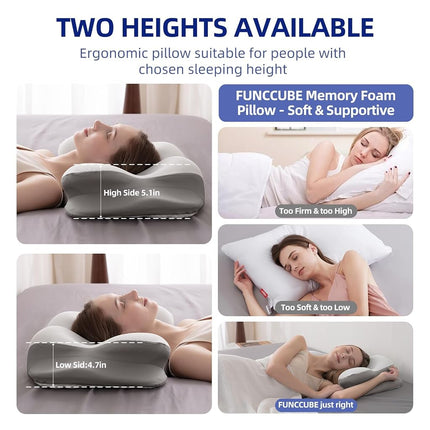 FUNCCUBE Cervical Neck Pillow - Memory Foam Pillows for Pain Relief Sleeping with Cooling Pillowcase, Ergonomic Contour Odorless Bed Pillow for Back Side Shoulder Stomach Sleeper, Queen White
