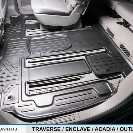 MAXLINER Alfombrillas personalizadas de 3 filas y protector de maletero detrás de la 3.ª fila, juego negro para Traverse / Enclave con asientos de cubo en la 2.ª fila