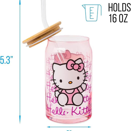 Silver Buffalo Hello Kitty Glass Jar Tumbler with Bamboo Lid, 16oz