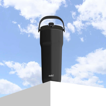 Zak Designs Sutton Travel Tumbler for On The Go, 30oz Stainless Steel with Vacuum Insulation, Straw Spout, Carry Handle for Cold Drinks (Ebony Black)