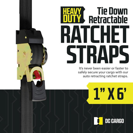 DC Cargo - Auto Retracting Ratchet Straps (4 Pack 1 inch x 6') - Heavy Duty Tie Down Retractable Ratchet Straps - Easy Self Contained Black Ratchet Strap Tie Downs for Trailers, Vehicles, Boat