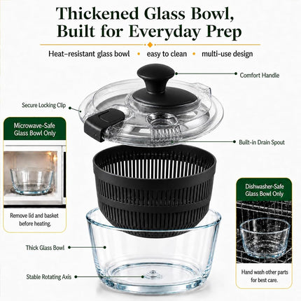 LYTYCJD Glass Salad Spinner 3.2 Qt, Small Salad Spinner, Glass Bowl, Black