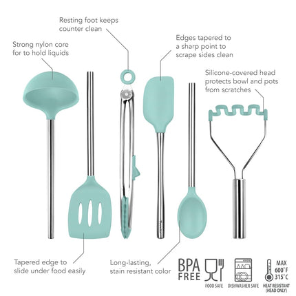 Tovolo 6-Piece Premium Silicone Utensil Set (Light Aqua): Essential Kitchen Tools | Sturdy Utensils for Home, Apartment, or College Dorms