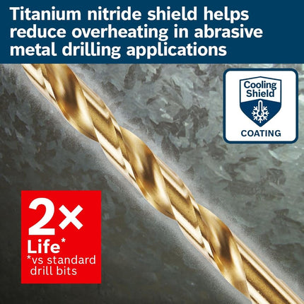 BOSCH TI2143 1-Piece 1/4 in. x 4 in. Titanium Nitride Coated Metal Drill Bit with 3/8 in. Reduced Shank for Applications in Heavy-Gauge Carbon Steels, Light Gauge Metal, Hardwood