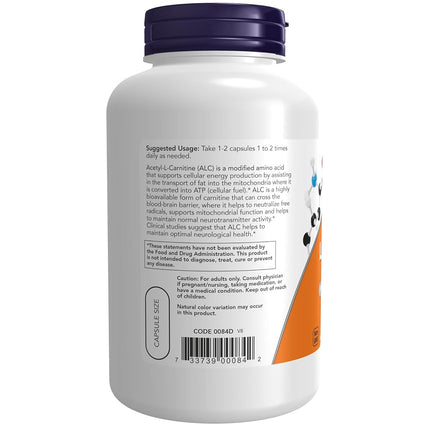 NOW Acetyl L-Carnitine 500mg, 200 Veg Capsules