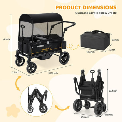 ELEMARA Stroller Wagon for 2 Kids, Foldable Wagon Stroller, Premium All Terrain Wagon for Kids, Kids Wagon Cart w/Removable Canopy, Adjustable Push/Pull Handle, Harnesses, Large Storage Bag, Black