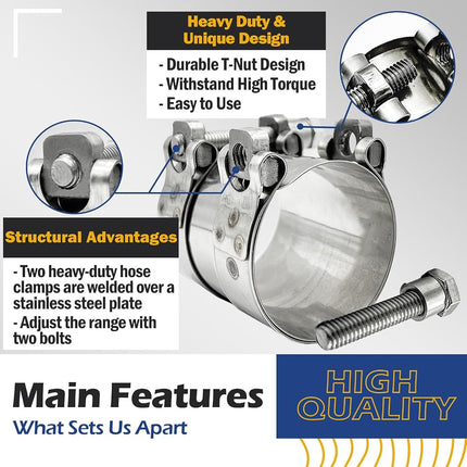 CHUN YUNG DA TT Extra Wide Heavy Duty Hose Clamps,304 Stainless Steel 2.55 inch Exhaust Clamp, Sleeve Coupler Butt Joint Band Clamp for Muffler Repair 2.52-2.64 inch (64-67 mm,1 pack)