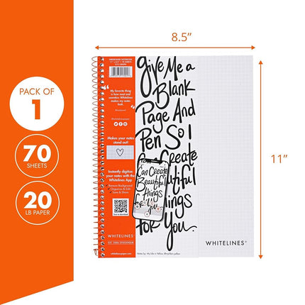ROARING SPRING Whitelines Spiral Graph Ruled Notebook, Digitally Download Your Notes with FREE App, Premium Gray Paper, 11" x 8.5" 70 Sheets