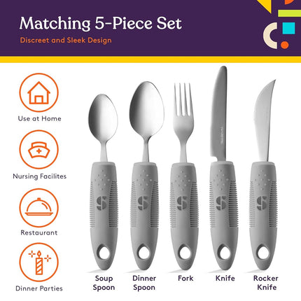 (Grey) - Adaptive Utensils (4-Piece Kitchen Set) Wide, Non-Weighted, Non-Slip Handles for Hand Tremors, Arthritis, Parkinson's or Elderly use Stainless Steel Knife, Fork, Spoons - Grey