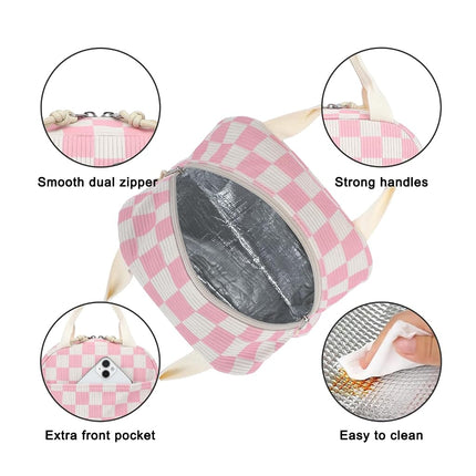 Corduroy Lunch Box for Women Girls, Cooler Lunch Bags Reusable Insulated Lunchbox for Picnic School Work Travel (Checkered Pink)