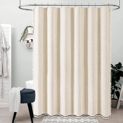 BTTN 60 x 84 Boho Linen Heavy Duty Cloth Shower Curtain Set, Cream/Beige