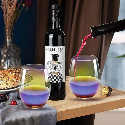 HELLWANG Stemless Wine Glasses Set of 4, 20 Ounce Iridescent Wine Glass for Red or White Wine, Whiskey- Pool Party Beach Travel Cups…